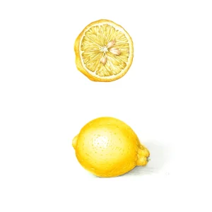water colour painting of whole lemon and cut in half